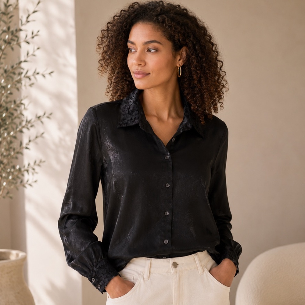 ✨ Chic Black Satin Blouse by ICHI